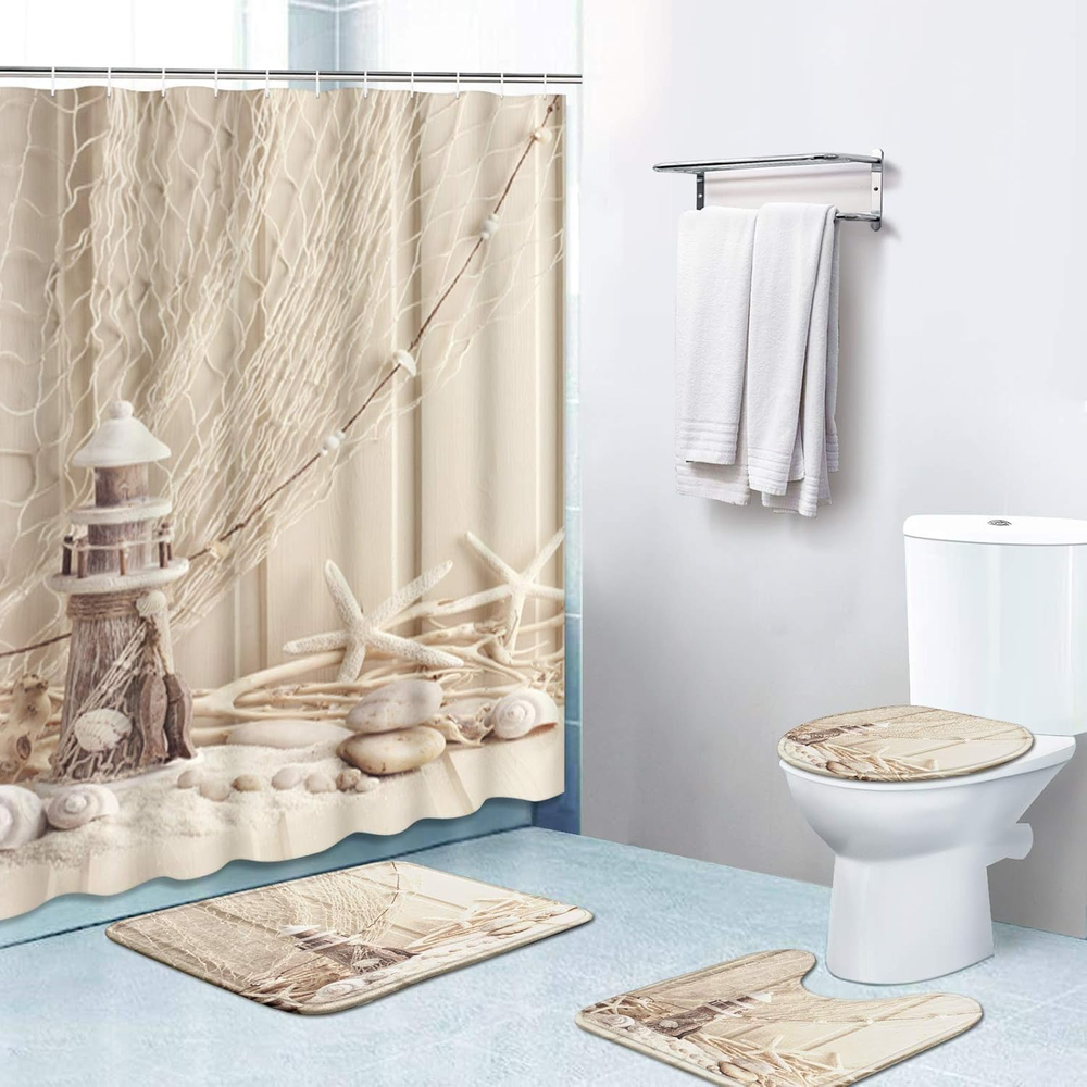 4 Piece Shower Curtain Sets, Beach Beige with Non-Slip Rugs, Toilet Lid Cover an