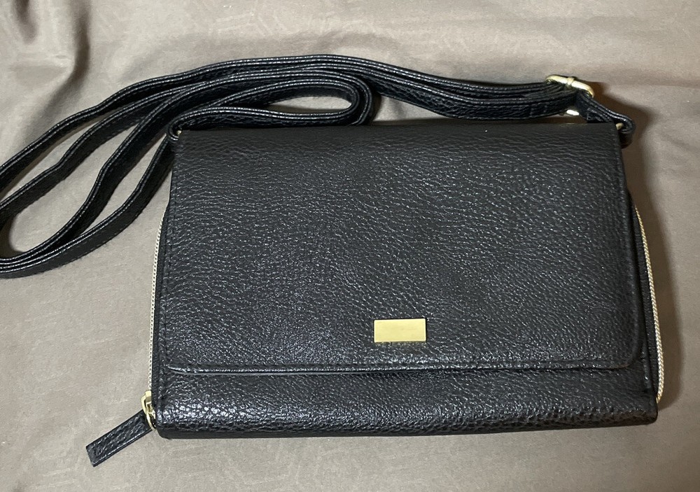 Crossbody Wallet Vinyl Phone Purse Card Holder Handbag Black 5x8” Snap Close Zip