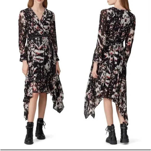 AllSaints Lizia Wing Studded Asymmetrical Rocker Dress Size 6 Black