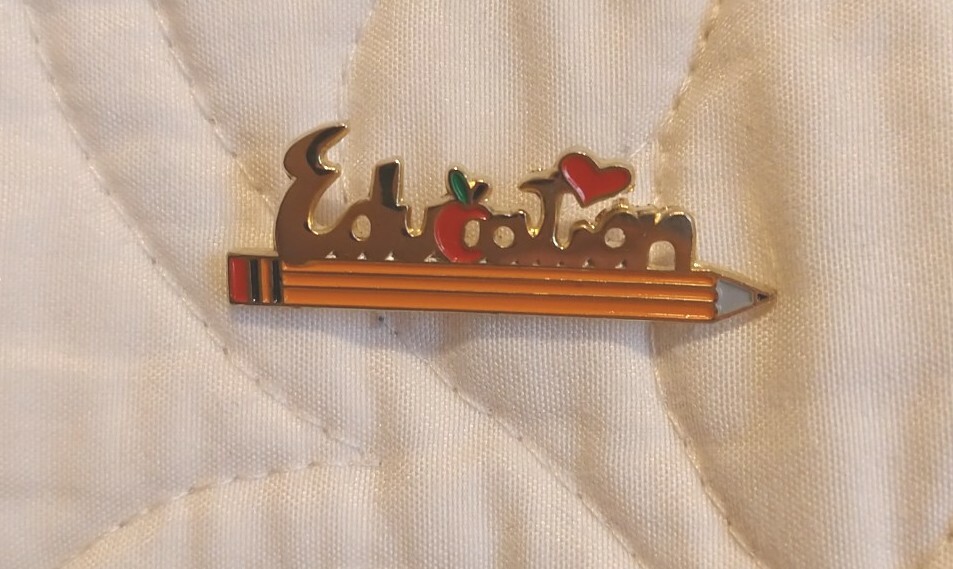 Education Pencil Apple Teacher Pin Button Pinback Educator Enamel