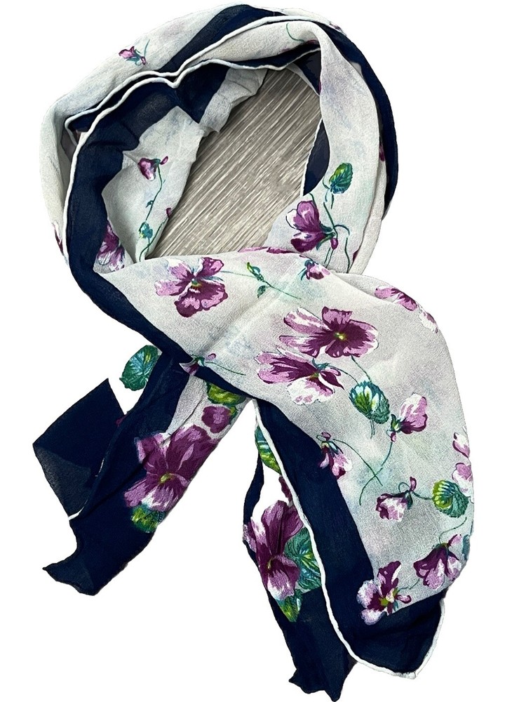 Vintage Scarf Neck Bag with Purple Violet Flowers Semi Sheer White Blue Romantic Twee Design