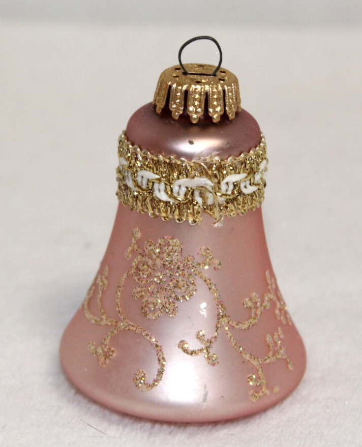 Vintage Krebs Pink Glass Bell Ribbon & Gold Glitter Christmas Ornament