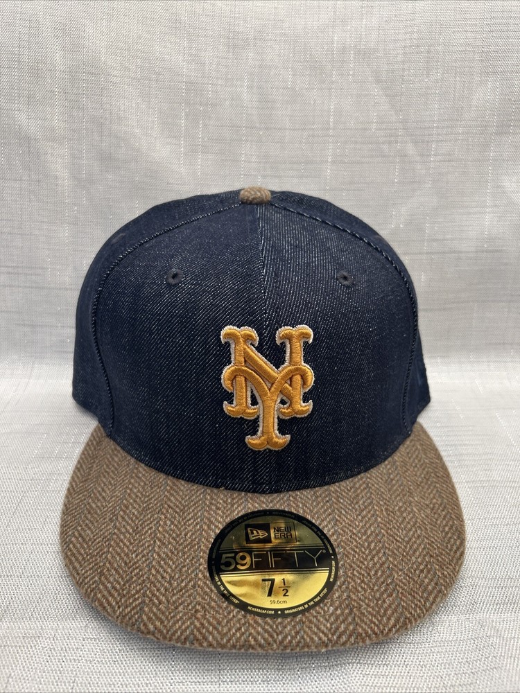 New Era New York Mets Blue Denim Brown Tweed 59FIFTY Fitted Hat Size 7 1/2 NEW