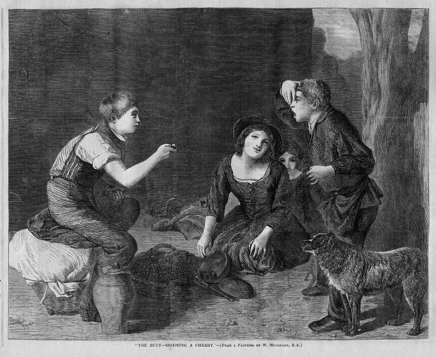 THE BUTT--CHILDREN SHOOTING A CHERRY, GIRLS, BOYS, DOG