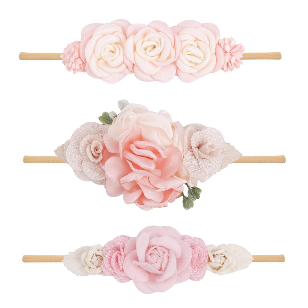 Baby Girl Floral Headband Nylon Flower Crown Elastic Hairband 3pcs Hair Acces...