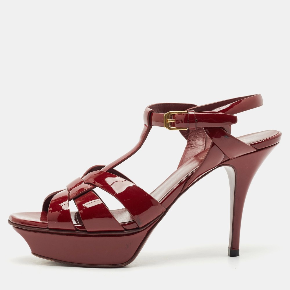 Saint Laurent Burgundy Patent Leather Tribute Platform Sandals Size 38.5 EU