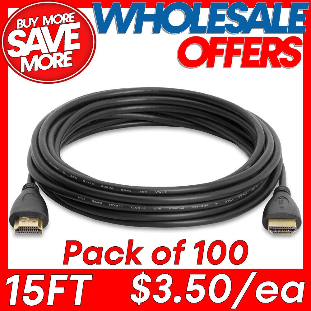 HDMI Cable 100 PCS 15 FT Ultra Slim High-Speed HDMI 2.0 Cord 4K/2K TV PC Monitor