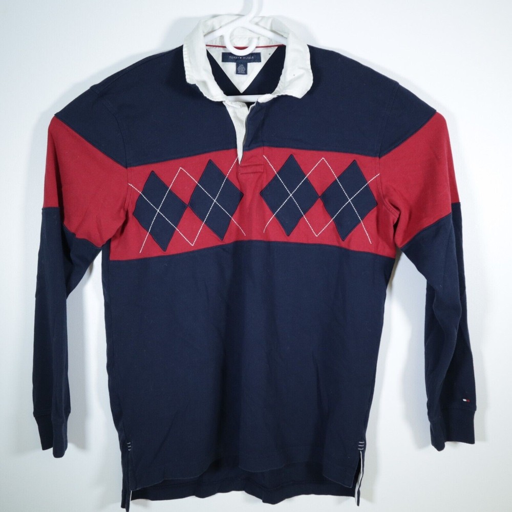 90s Tommy Hilfiger Argyle Rugby Polo Shirt Mens Large LS Blue Red White
