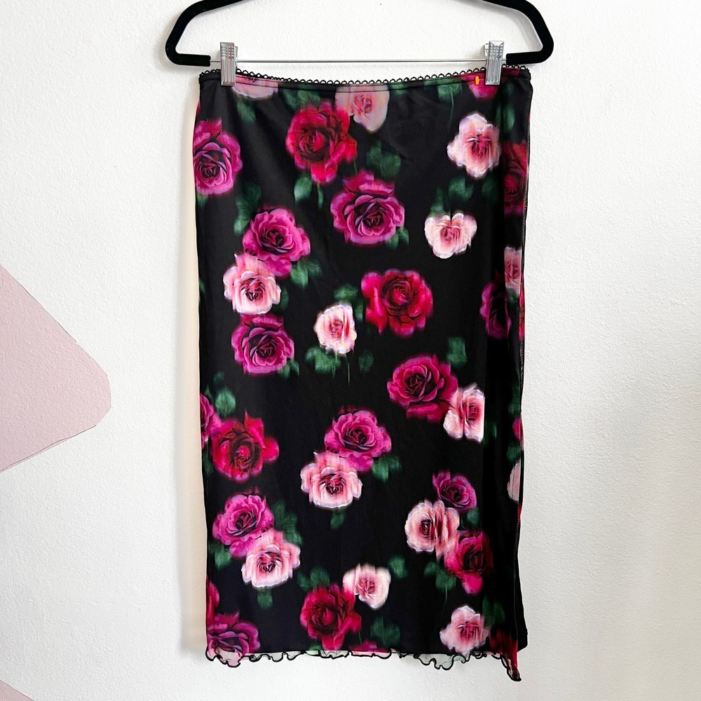 Black Pink Floral Midi Skirt, Vintage, Y2K, Grunge, Goth, Dark Academia, Medium