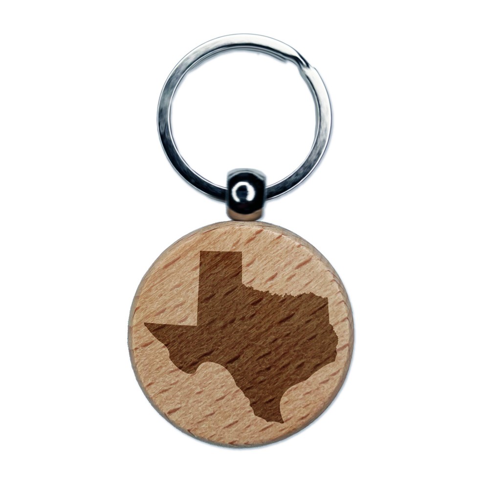Texas State Silhouette Engraved Wood Round Keychain Tag Charm