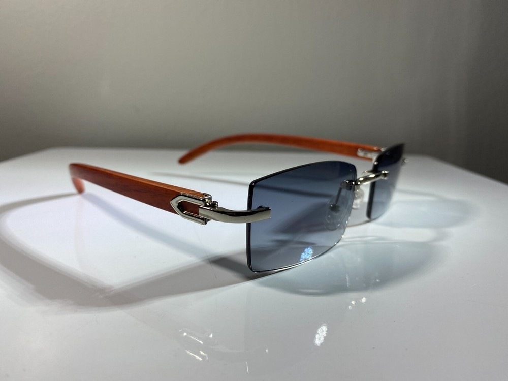 Men's wood pattern rimless sunglasses with silver accents and smoke lenses