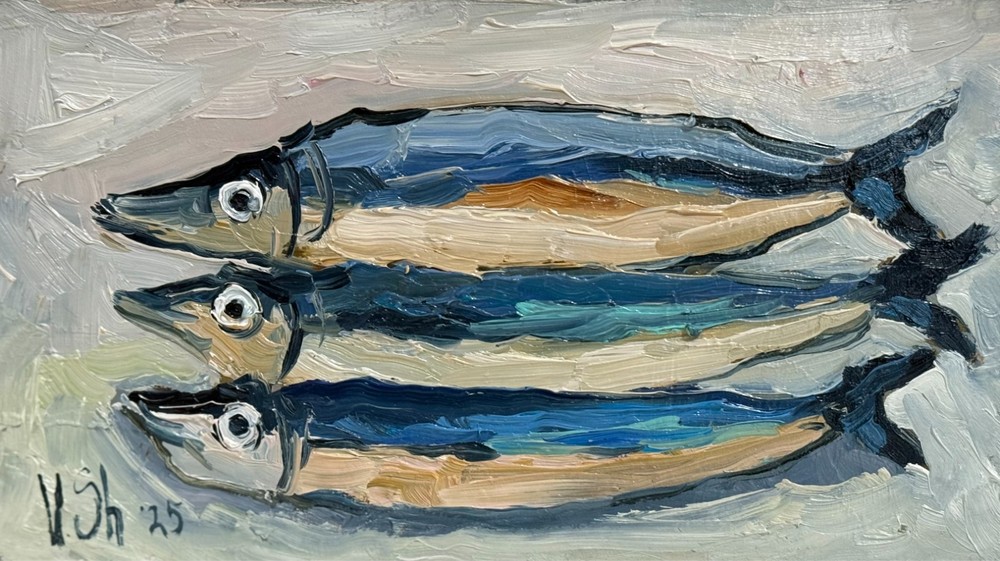 Sardine Original Oil Painting Fish Seafood Art Sardine Still life Kitchen Signed