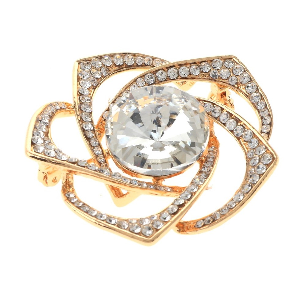 Gold Tone Alloy Metal Medium Size Crystal Rhinestone Rose Brooch P1582-GCL