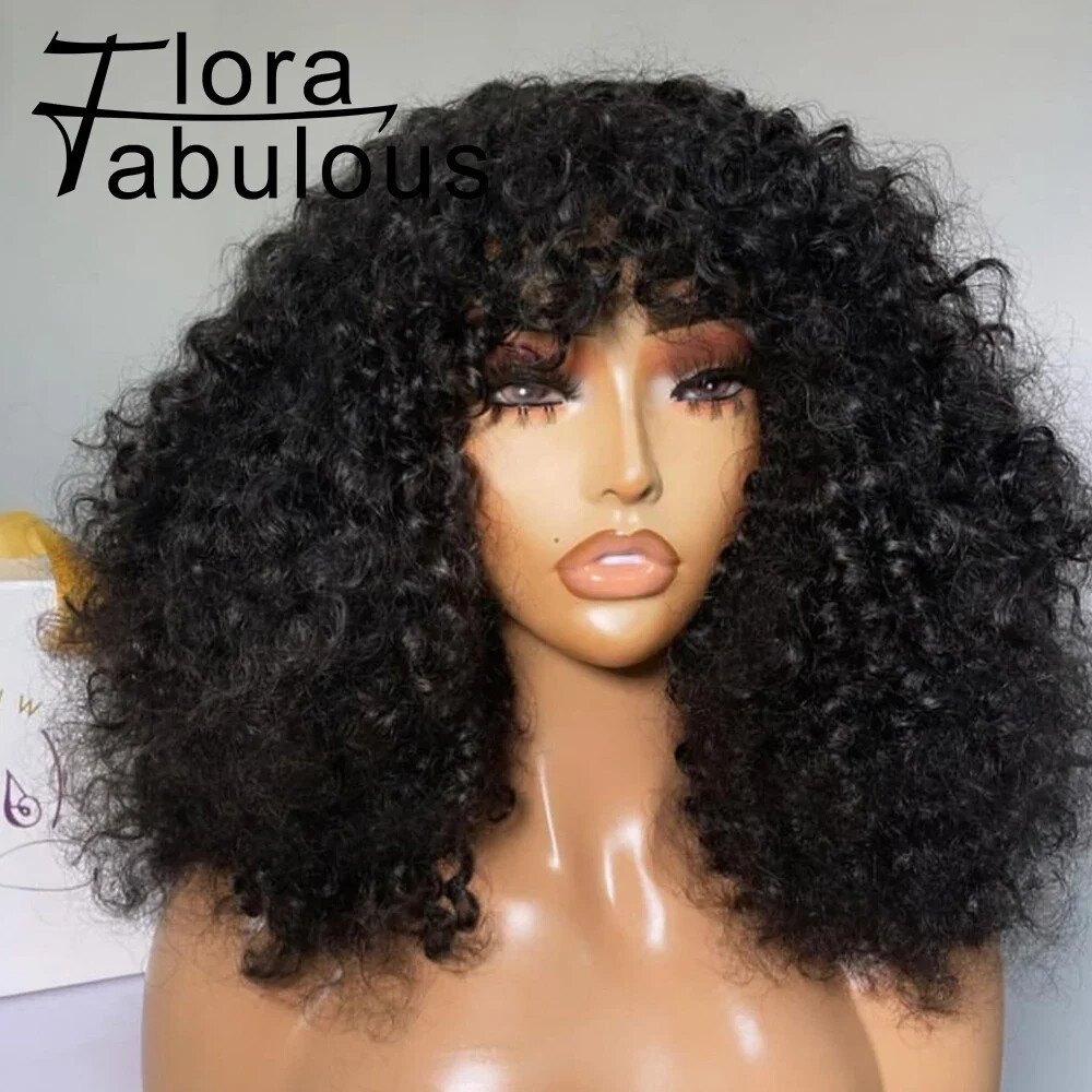 Curly Human Hair Wig With Bangs Virgin Full Machine Made Glueless Lace Wig