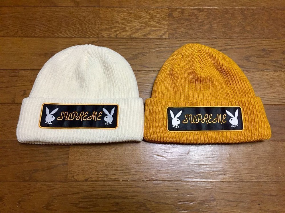 New Golden Supreme Playboy Patch Beanie  Supreme Playboy Knit Hat Loose Gauge
