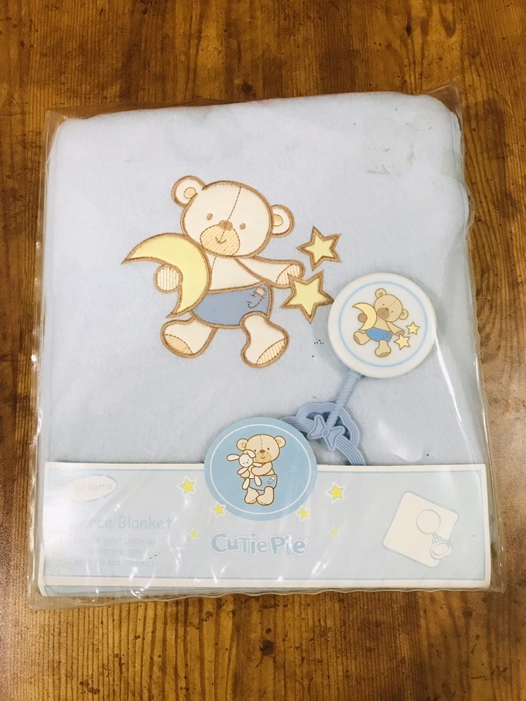 Cutie Pie Baby Blanket Rattle Bear Wearing Diaper Blue Fleece Security Lovey VTG