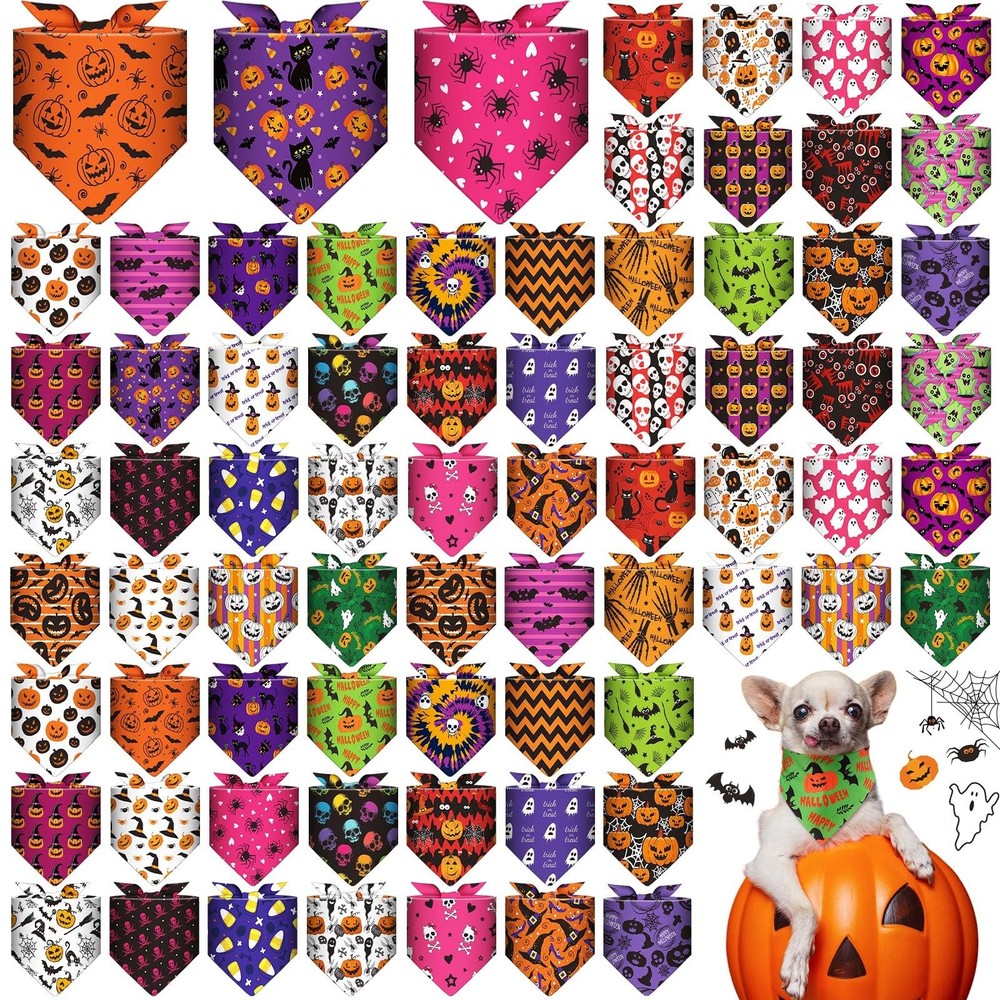 72 Pcs Halloween Dog Bandanas Bulk Pumpkin Triangle Scarf Cat Bibs Puppy Scar...