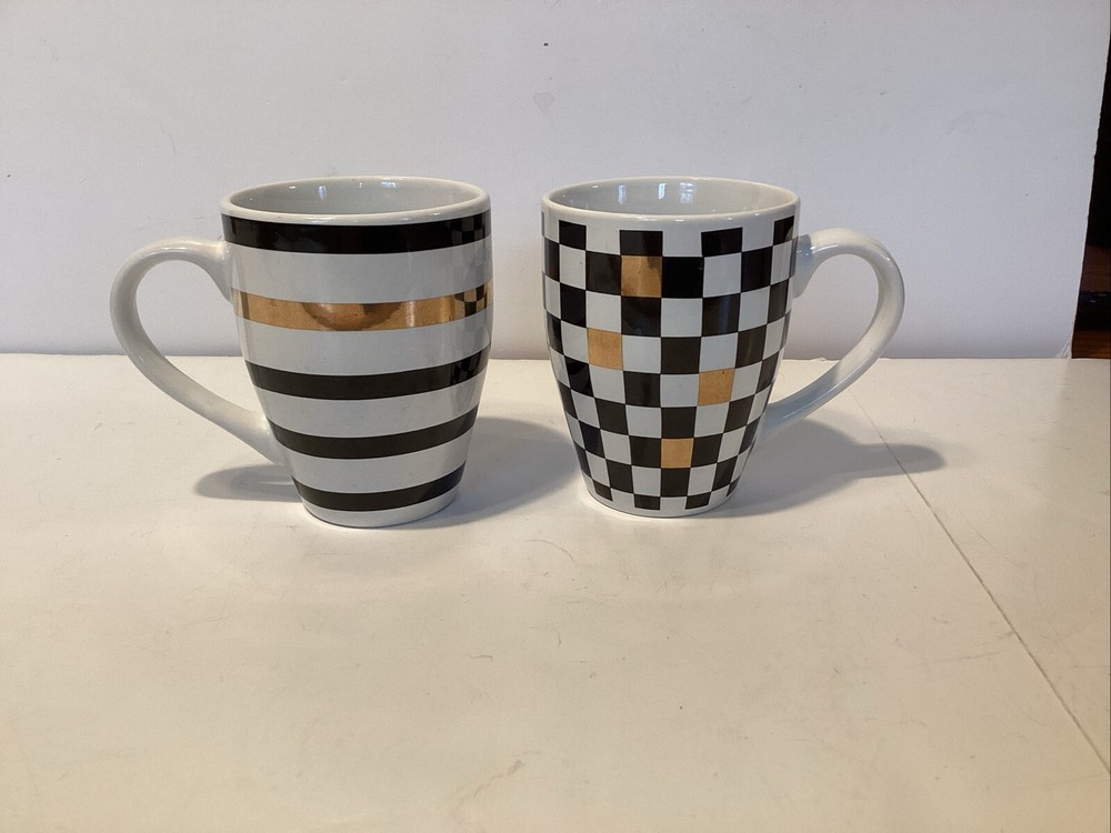 pai mugs set of 2 geometric/ stripes  white/black/gold