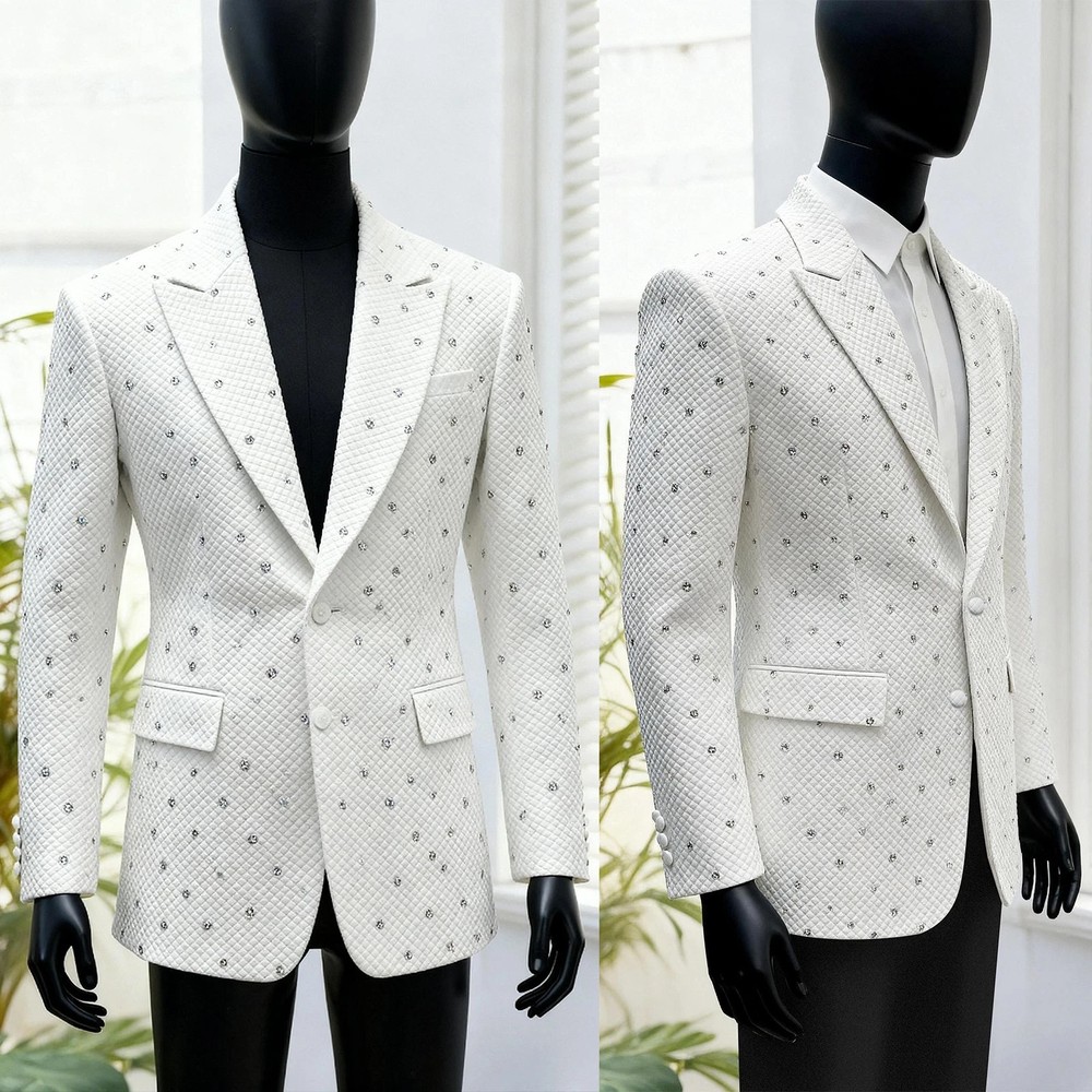 White Beaded Suit Tailored for Wedding Formal Business Single Breasted Jacket