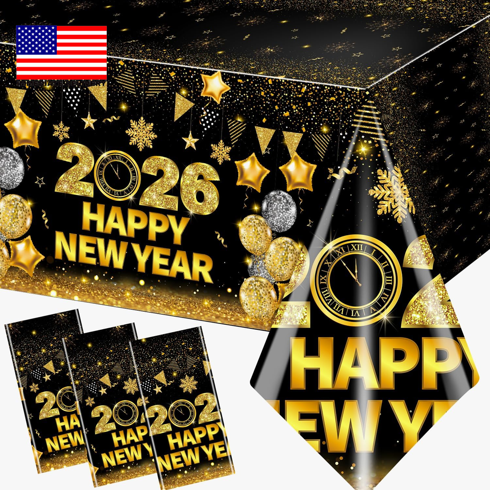 3Pcs New Year Eve Tablecloth - Happy New Year Party Decorations 2026 Black Gold