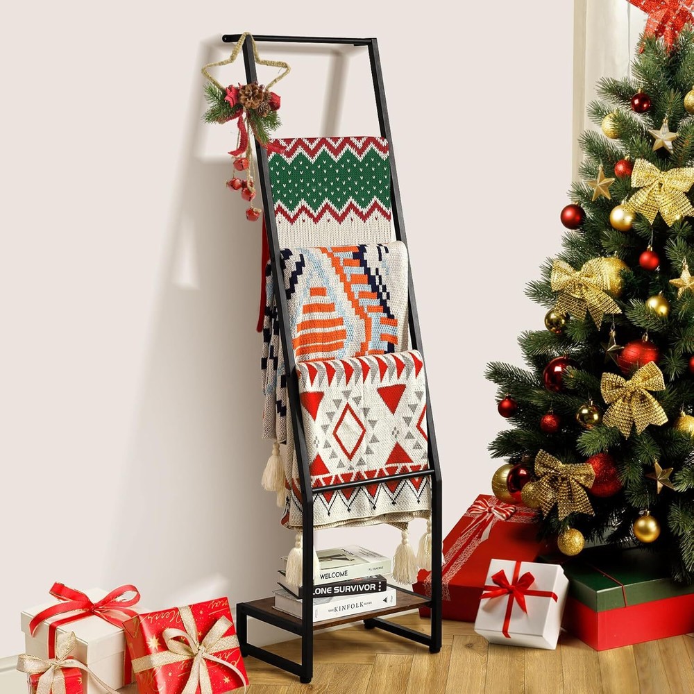 Blanket Ladder, 5 Tier Ladder Shelf,Wooden Blanket Ladders for Living Room