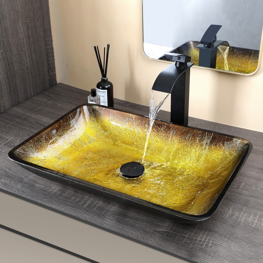 22-Inch Rectangular Tempered Glass Vessel Sink with Waterfall Faucet