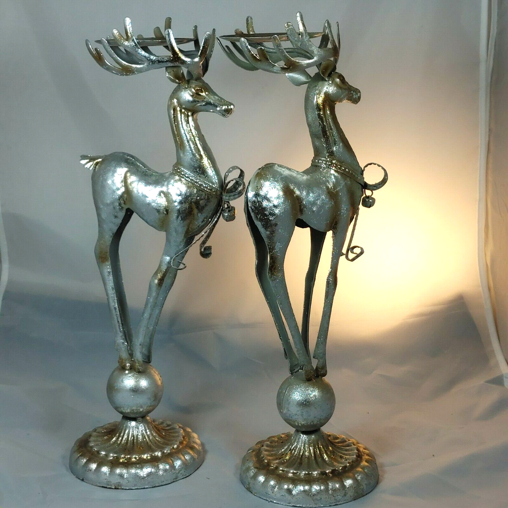 Vtg Pair of Tall Christmas Reindeer Candleholders Figurines Hand Crafted Metal