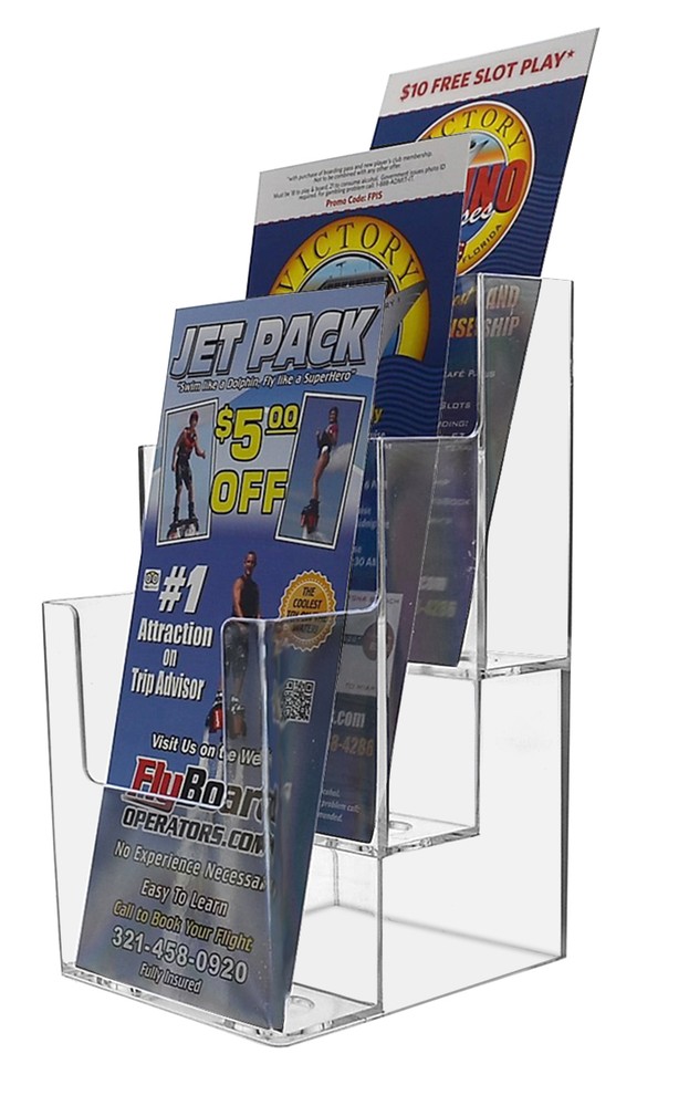 3 Pocket Tri Fold Brochure Holder for 4”W Pamphlet Maps Menu Wall or Table Qty 6