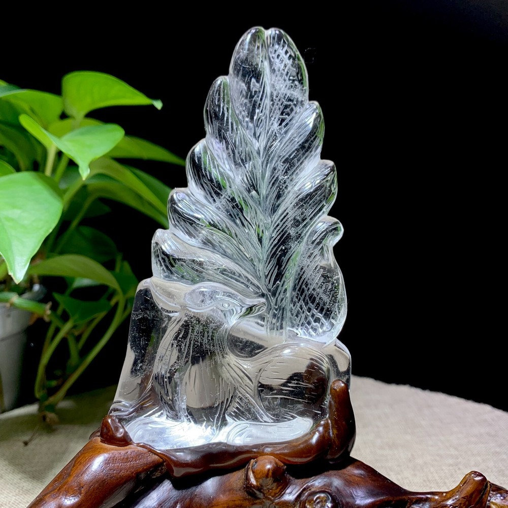 252g Natural Clear White Crystal Quartz Carved Nine-Tailed Fox with Display Stand