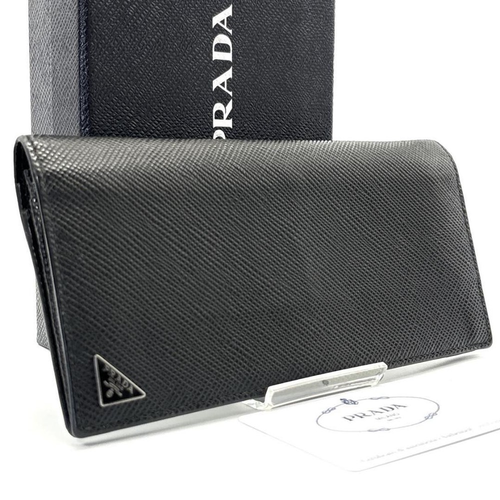 Prada Saffiano Leather Wallet Black Triangle Logo Authentic Pre-Owned