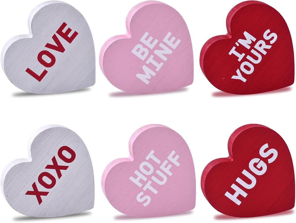 Wooden Valentine's Day Heart Blocks Decor Set of 6 Freestanding Pieces