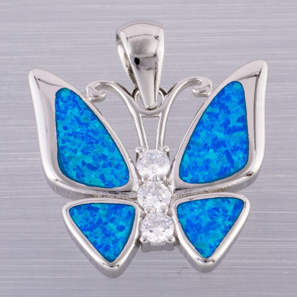 Butterfly Ocean Blue Fire Opal 3 CZ Silver Jewelry Necklace Pendant
