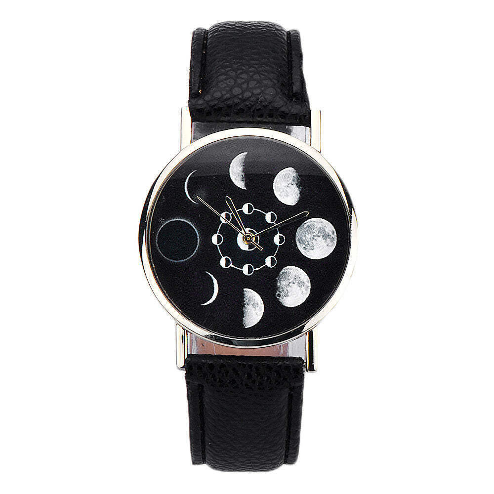 Elegant Women's Black Moon Quartz Watch with Round Dial and Stainless Steel Buck