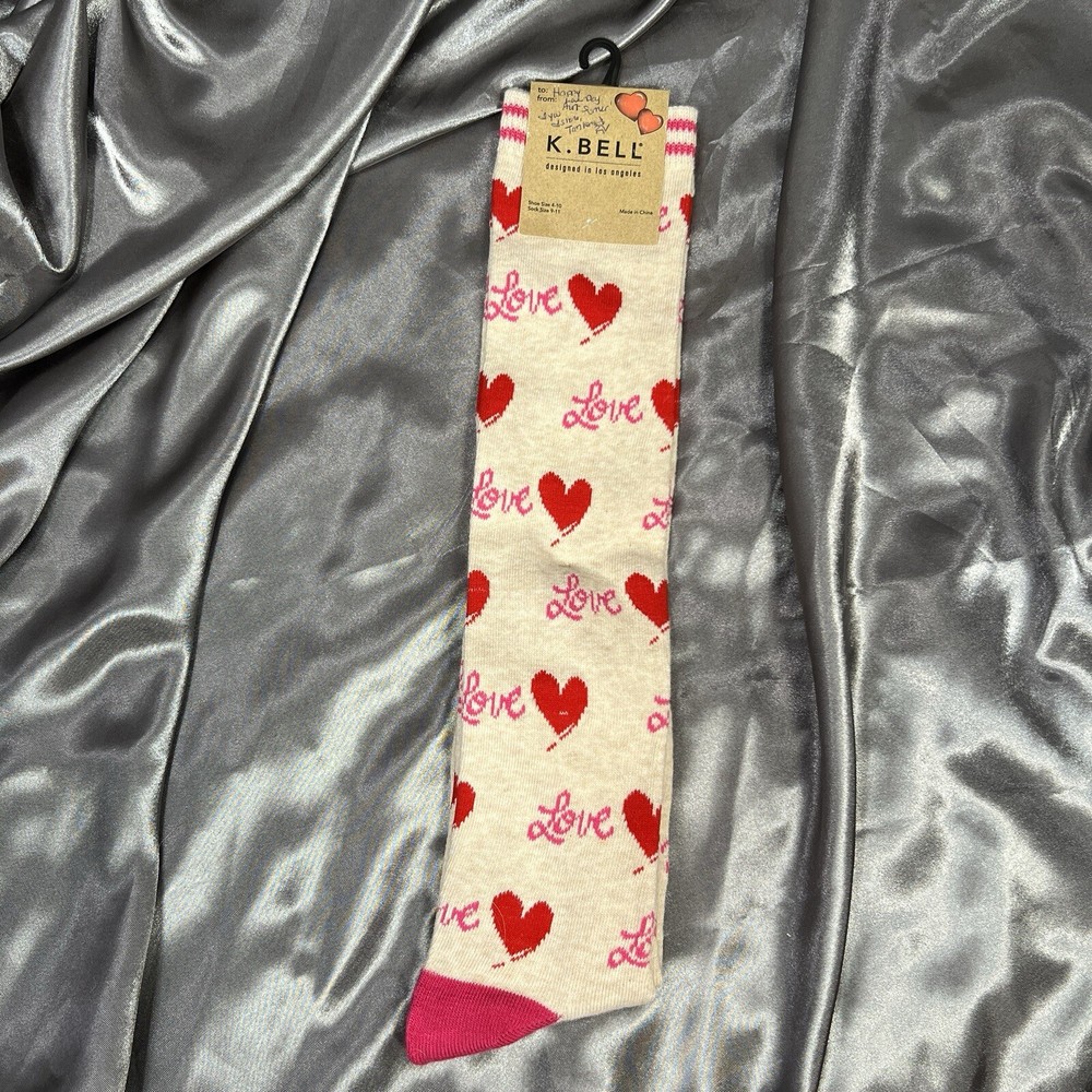 K.BELL Novelty Socks Women's Sz 4-10 Love Red Hearts Over The Knee Oatmeal Gifts
