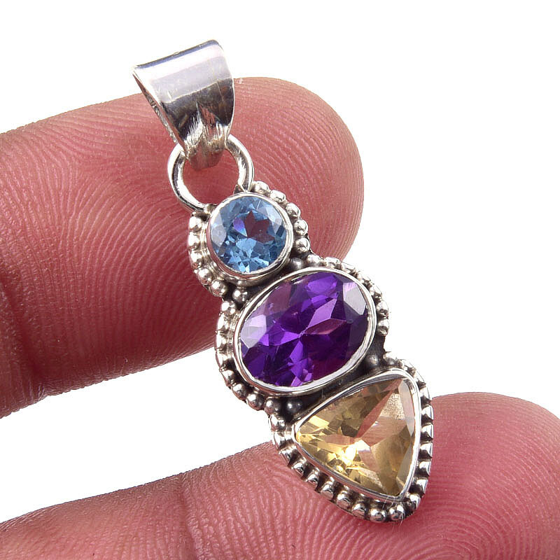 Natural African Amethyst Citrine 925 Sterling Silver Pendant 1.25 Inch