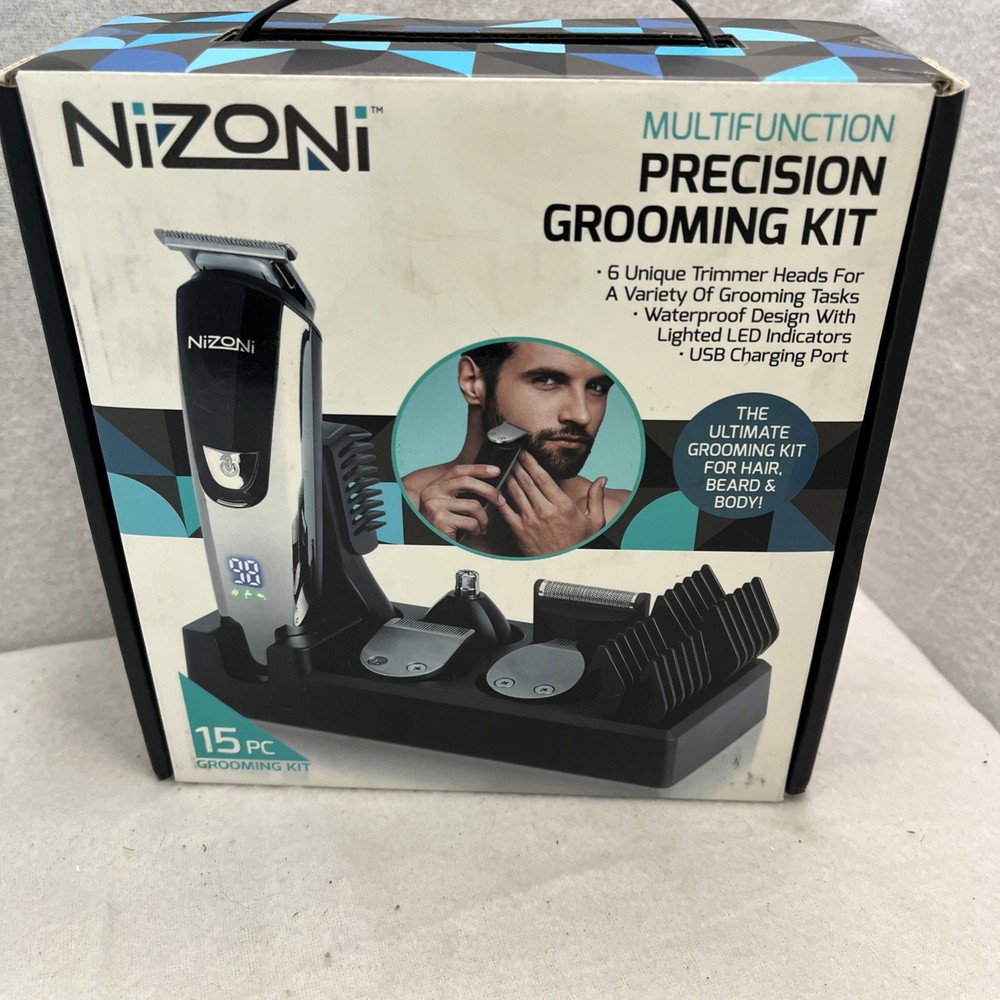 Nizoni 15 Piece Grooming Kit Hair Beard Body Nose 6 Trimmer Heads Organizer Tray