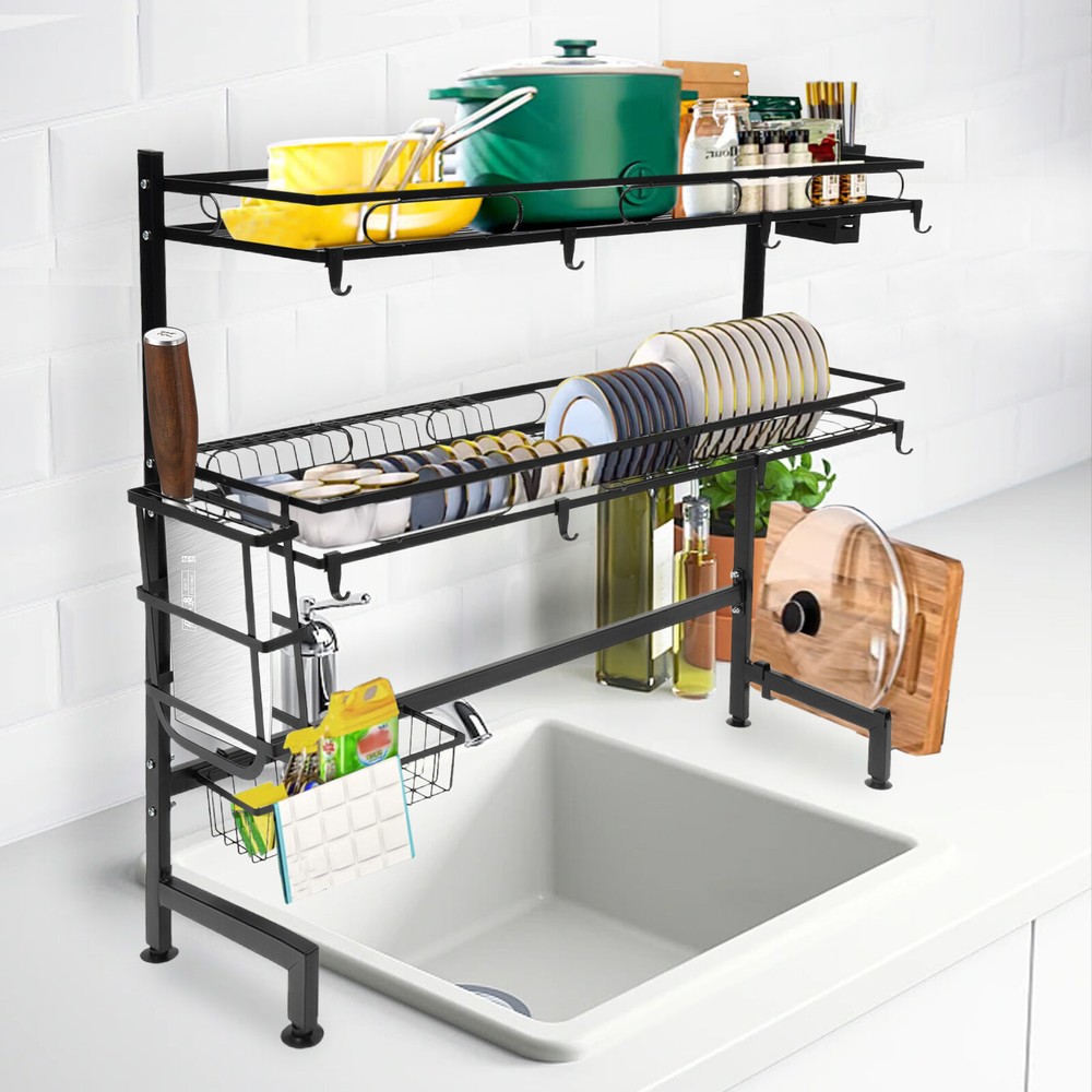 2-Tier Over Sink Dish Drying Rack Cutlery Drainer Kitchen Cup Organizer 82cm NEW