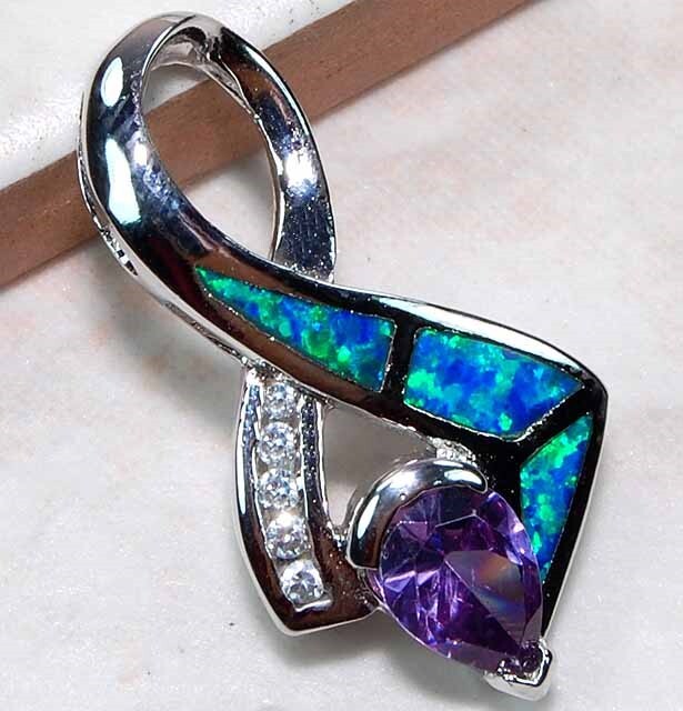 Amethyst & Australian Opal Inlay 925 Sterling Silver Pendant Jewelry EO1