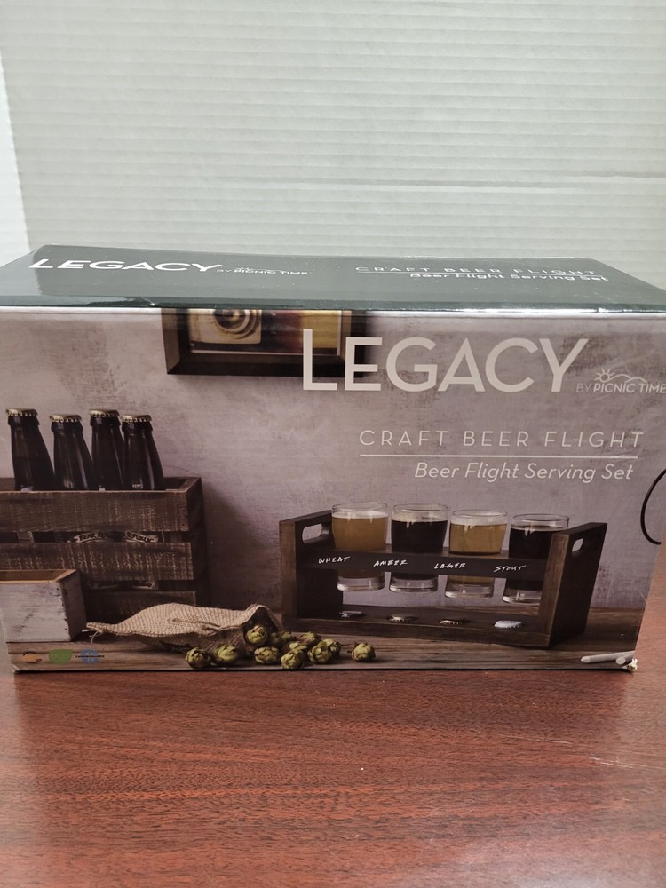 Rustic Wooden Beer Flight Tray with 4 Glasses for Tasting