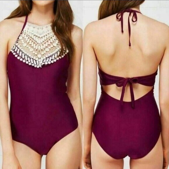 Burgundy Crochet Halter One Piece Swimsuit by Cupshe Sz Large Bohemian Beach Style