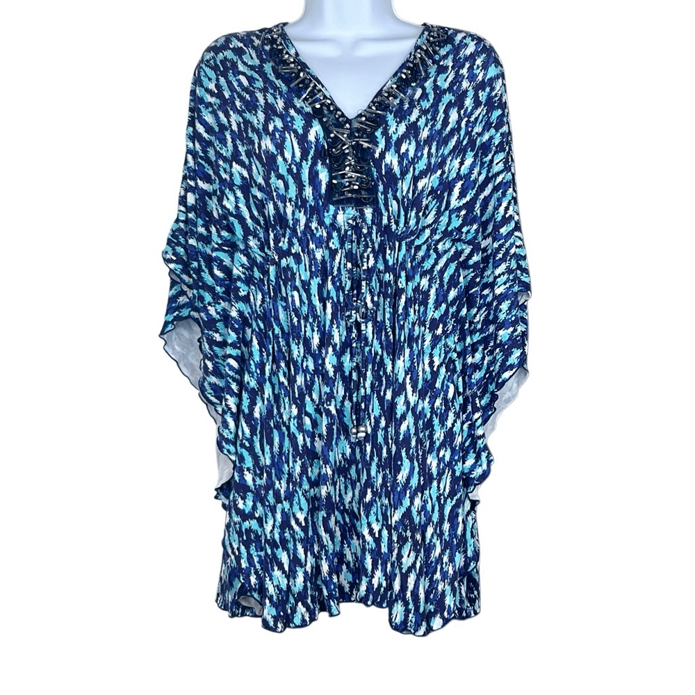 Cabana Life Small Blue Print Beaded Drawstring Batwing Sleeve Swim Coverup Beach