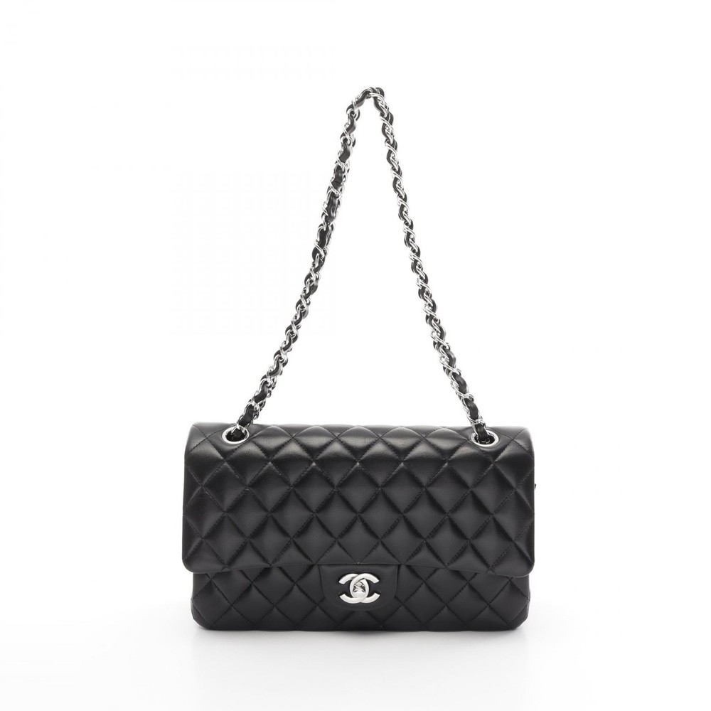 CHANEL Matelasse W Flap Chain Shoulder Bag Black Leather SHW Pre-Owned A01112
