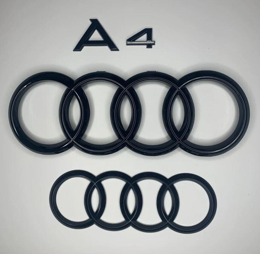 For Audi A4 Hood Grille Rear Rings Emblem Set Trunk Boot Sticker Gloss Black