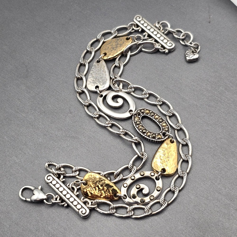 Brighton Mixed Metal Multi-Chain Bracelet with Rhinestones Swirls and Hammered Accents