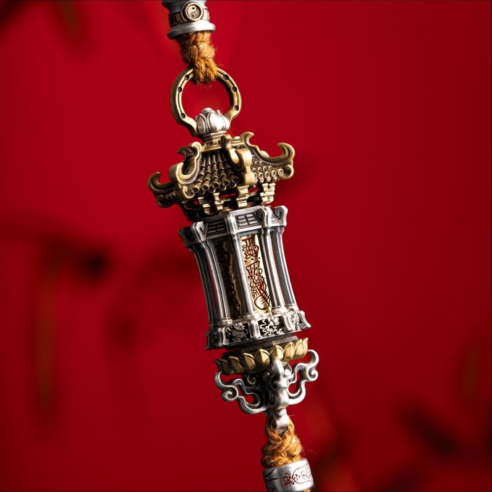 Oxidized Silver Rotating Feng Shui Temple of Fortune Pendant Necklace