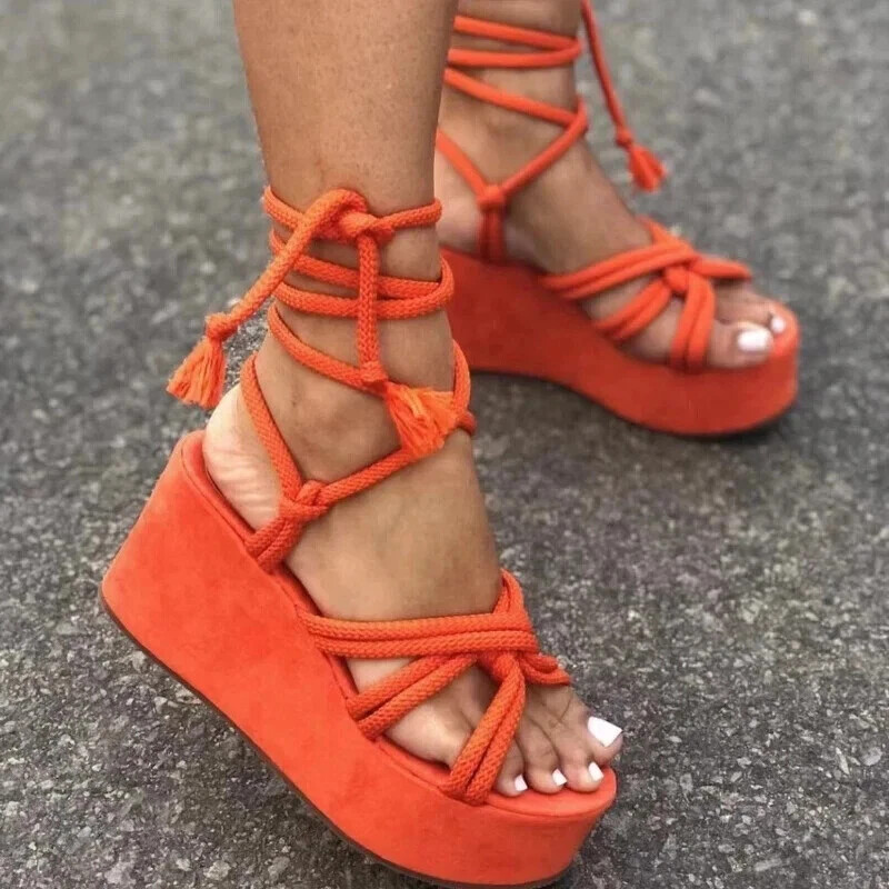 Women's Flatform Wedge Sandals with Ankle Strap and Lace-Up Design - Available in Multiple Sizes
