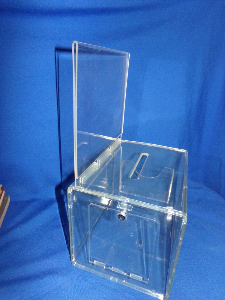New-LG Acrylic Plastic Locking Ballot, Raffle, Donation Box w/ Advertising Sign