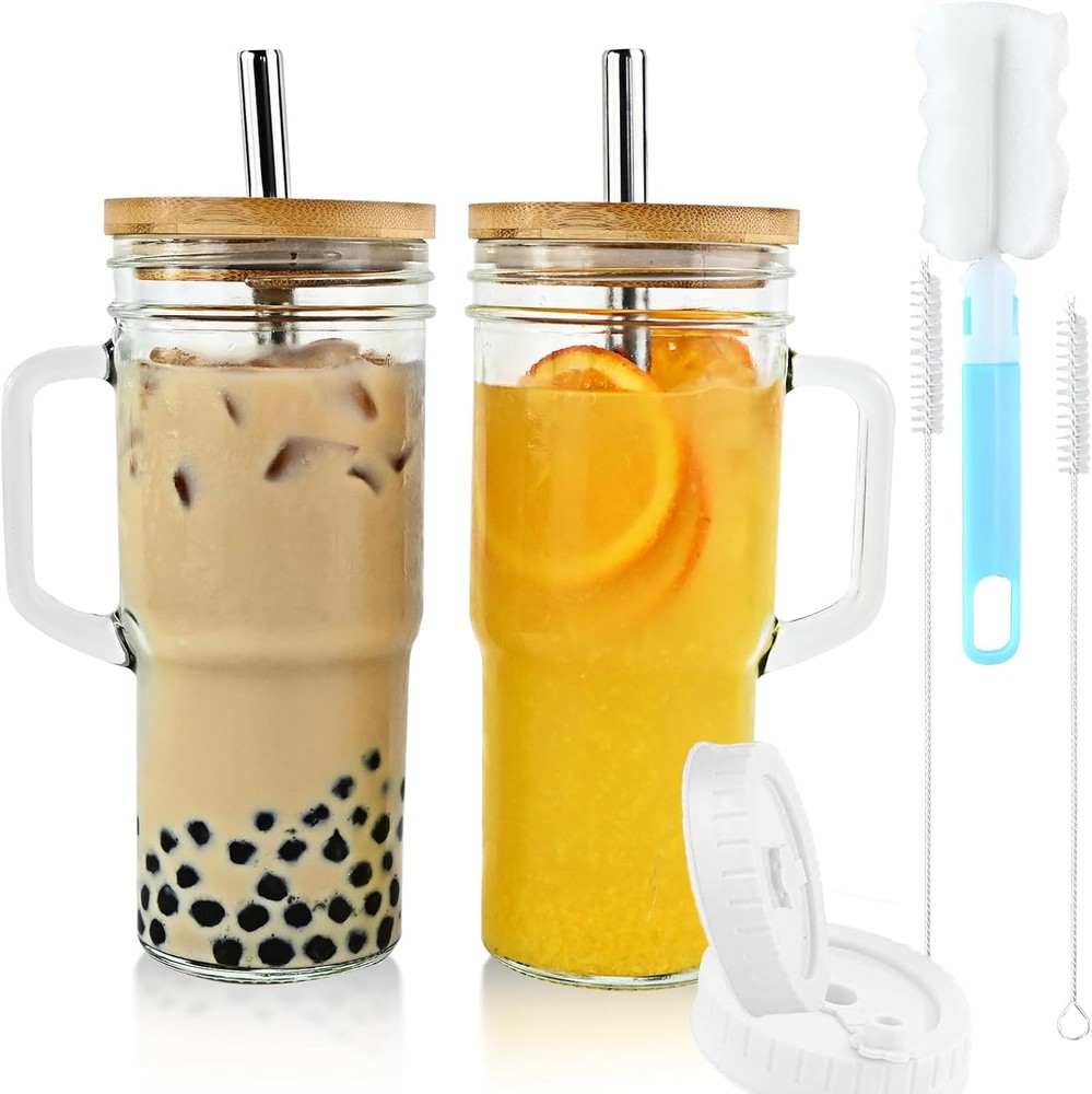 Glass Cups with Bamboo Lids and Straws,24oz Tumbler With 2-Pack Car cup