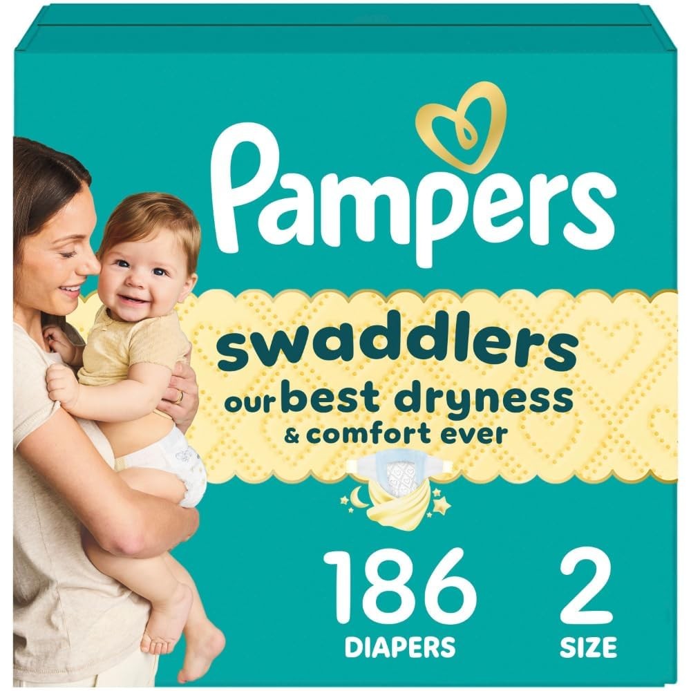 Pampers Swaddlers Diapers, Size 2 (10-22 lbs), 186 Count, 2, White