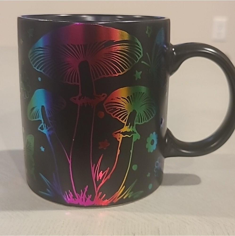 Trippy Neon Mushroom Black Coffee Mug  